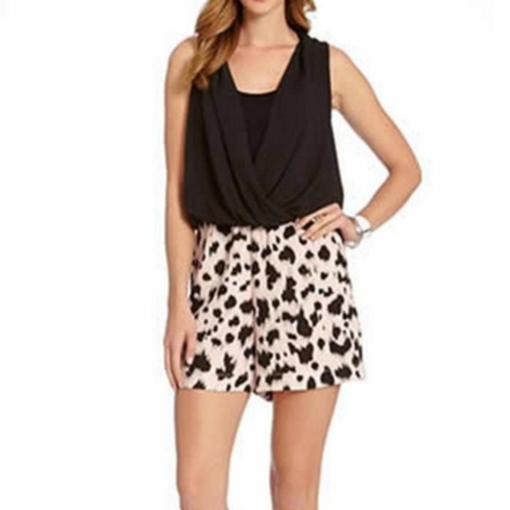 Karen Kane Black & Peach Chiffon Wrap Animal Print Romper - Size Medium